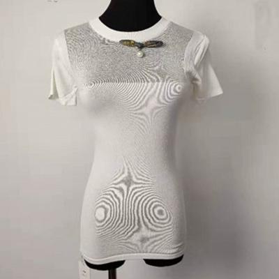 China Women's Knitted Bodycon T Shirt Sexy And Elegant With Pearl Decoration for sale