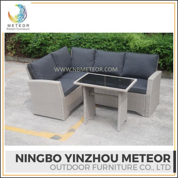Quality KD elegant patio rattan dining sofa sets and rectangular table european outdoor for sale