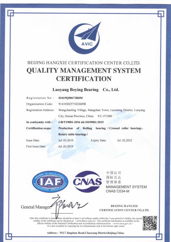 质量管理体系认证 - Luoyang BoYing Bearing Co., Ltd.