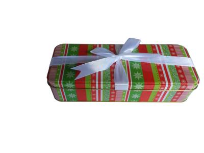 China White Ribbon Christmas Empty Gift Tins Metal Box CYMK Printing On Lid / Body for sale