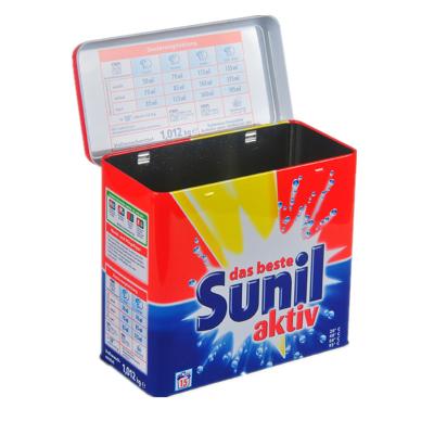 China Sunil Washing Powder Metal Tin Container Box / Lid With Hinger , Silver Inside for sale