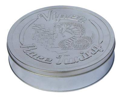China Round Race Tuning Metal Tin Box Silver Plain With Embossed Lid for sale