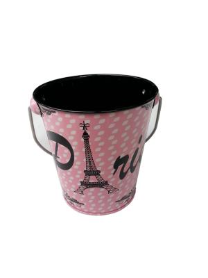 China Eiffel Tower Printed Black Tin Metal Bucket With Handle Metal Pail Black for sale