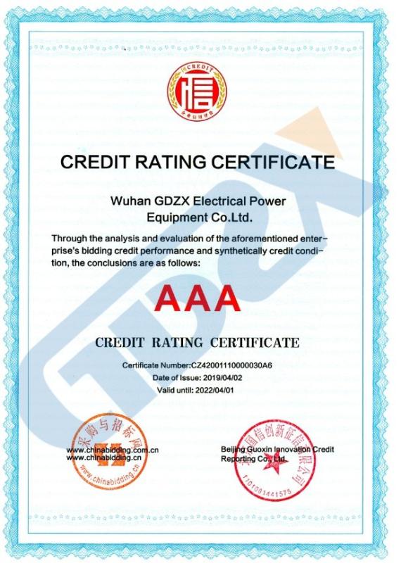 Credit Rating Certificate - Wuhan GDZX Power Equipment Co., Ltd