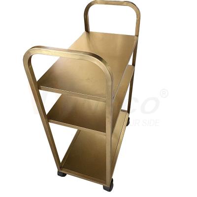 China Titanium Gold Stainless Steel Metal Fabrication Brushed Finished Restaurant Hand Push Dining Trolley for sale