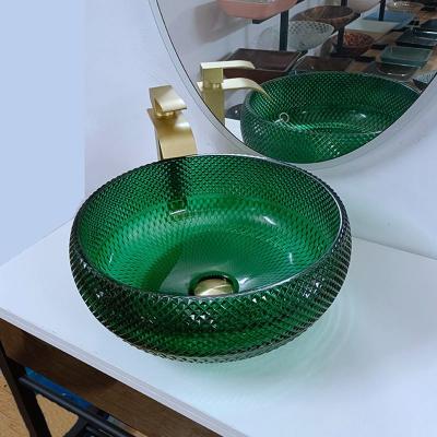 Chine Vanité en verre verte Diamond Mordern Round Bathroom de bassins de navire à vendre