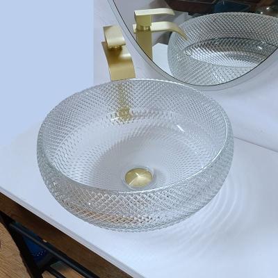 China Clear Glass Vessel Basins Crystal Round Artistic 10 Inch Vessel Sink Countertop for sale
