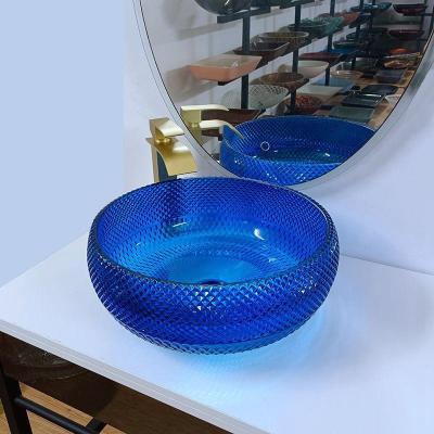 China Italian Design Blue Glass Sink Bowl 16.5 Inch Round Glass Above Counter Basin for sale