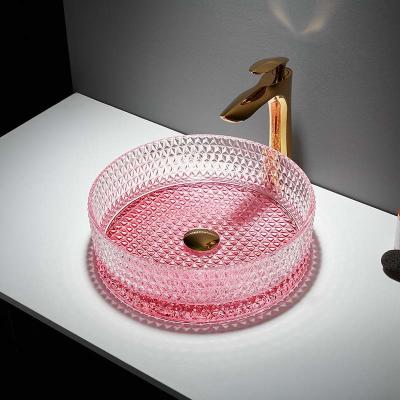 China Cuarto de baño de cristal redondo inferior del cuenco del fregadero del rosa altura de 15 pulgadas 15,8 pulgadas en venta