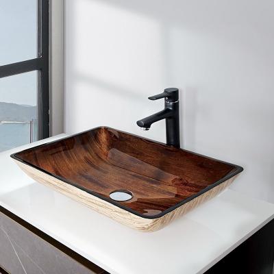 China 22 Inch Dark Brown Bathroom Sink 12mm Tempered Glass Rectangular With A Sleek Vessel Faucet for sale