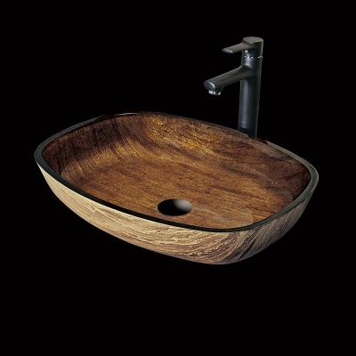 China Glass Bathroom Rectangular Vessel Sinks And Hand Drawing Wood Color for sale
