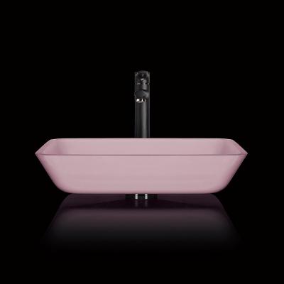 China Pink Bathroom Countertop Basins Rectangular Tempered Glass Acid Matt for sale