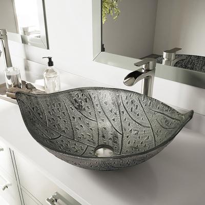 China Leaf Shaped Large Oval Vessel Sink Tempered Glass Gray Countertop for sale