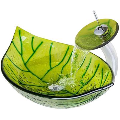 China 565mm Length Countertop Wash Basin Green Leaf 365mm Width Hot Melted Hand Drawing for sale