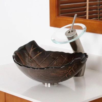 China 180mm Leaf Shaped Countertop Wash Basin 12mm Thick Brown Hot Melted And Hand Drawing for sale