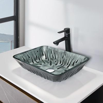 China Gray Rectangular Vessel Sink Hot Melt Hand Drawing Tempered Glass Vanity Sink for sale