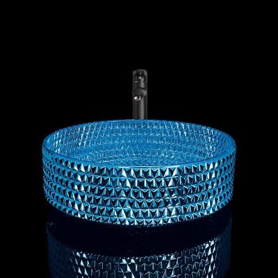 China Lavabo de cristal moderno azul electrochapado, fregadero de cristal azul del buque en venta