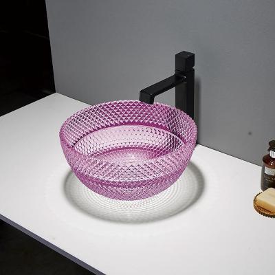 China Modern Small Round Vessel Sink Glass Purple Top Mount Bathroom Sink Bowl for sale