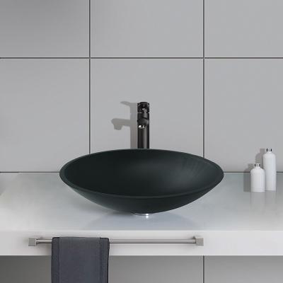 China Oval Shaped Black Round Vessel Sink Colored Tempered Glass Acid Matt Countertop for sale