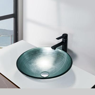 China Silver Tempered Glass Sink Vessel Brushed Line With Foil 420 * 420 * 145mm for sale