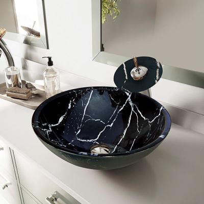 China 145mm Black Glass Basin Bowl Countertop Textured Smooth With White Lines for sale