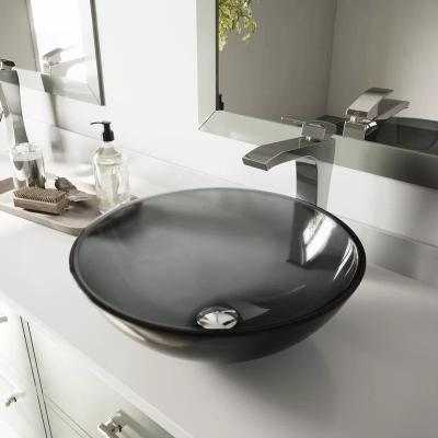 China Circular Countertop Wash Basin Handmade Tempered Glass Gray Vessel Bathroom Sink for sale