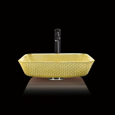 China Chromed Countertop Vanity Sinks Square Glass Vessel Crystal Luxury Gold Color for sale