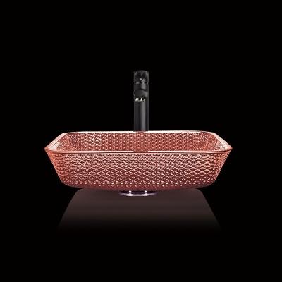 China Electroplated Countertop Vanity Sinks Glass Square Vessel Shinning Copper Color Modern for sale