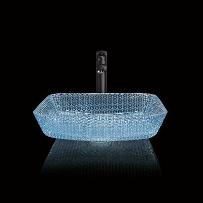 China Vidrio cuadrado azul Crystal Hand Wash del fregadero del cuarto de baño del buque del agua en venta