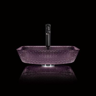 China Smooth Countertop Vanity Sinks Diamond Purple Crystal 12mm Square Glass Bathroom Sinks for sale