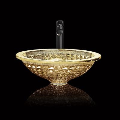 China Chromed Clear Glass Bowl Sink Golden Wash Hand Modern Crystal Bathroom Vanity for sale