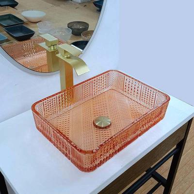 China Crystal Vanity Top Glass Wash Basin Rectangular Orange L445 * W330 * H105mm 12mm Thick for sale