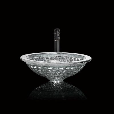 China Silver Funnel Shaped Crystal Wash Basins Chromed Etched Glass Vessel Sinks for sale