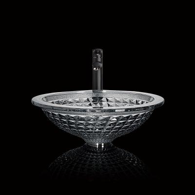 China Circular Handmade Crystal Wash Basins Vessel Glass Bathroom Funnel Shaped Smoke Gray for sale