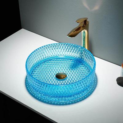 China Clear Sky Blue Glass Vessel Basins Bathroom Sink Round Sky Blue Crystal for sale