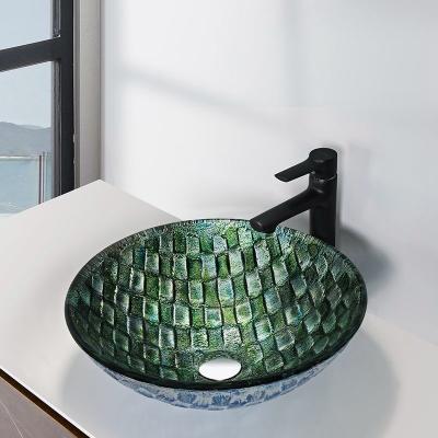 China Round Tempered Glass Sink Bowl Hand Drawing Hot Melt Circular Vessel Bathroom Sink for sale