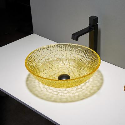 中国 円形は水晶洗面器の控えめなガラス12mm現代金の黄色にラッカーを塗った 販売のため
