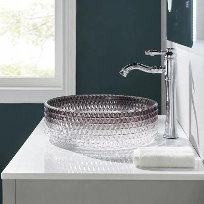 China Round Bathroom Vanity Bowls Clear And Black Edge Beveled Drain Hole for sale