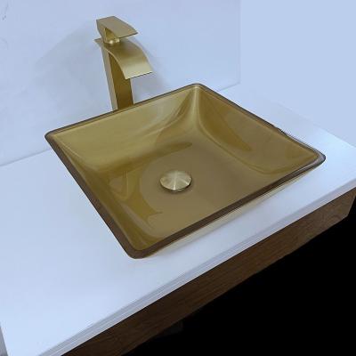 China 400m Washroom Basin Sink Square Vessel Smooth Brushed Gold Tempered Glass for sale