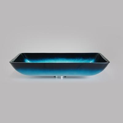 China Gradient Blue Tempered Bath Wash Basins Glass Bowl Rectangular Table Top Solid for sale