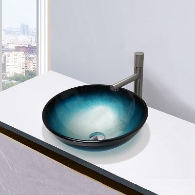 China Bathroom Tempered Glass Sink Black Blue Round Wash Basin Bowl Easy Clean for sale