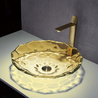 China OEM Ball Shape Glass Wash Basin Crystal Vessel Sinks Yellow Color Countertop for sale