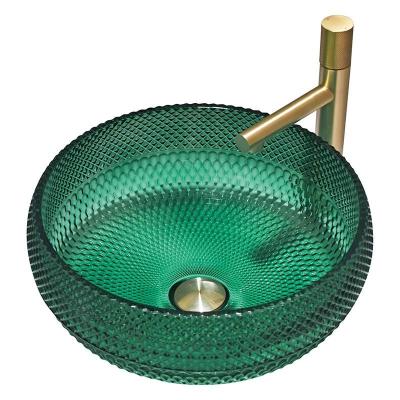 China European Style Round Shaped Glass Vessel Basins Crystal Bathroom Wash Sinks Green Color for sale