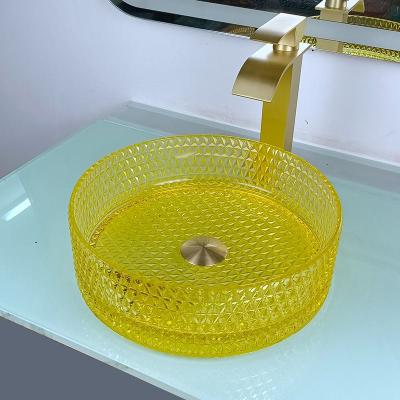China Crystal Glass Wash Basin Cylindrical amarillo forma el fregadero del buque de la encimera en venta