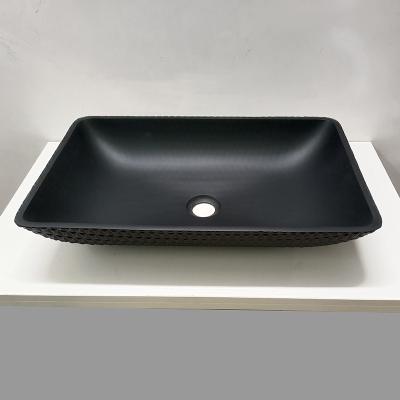 China Leather Grain Bathroom Tempered Glass Vessel Sink Acid Matt Black Glass Wash Basins for sale