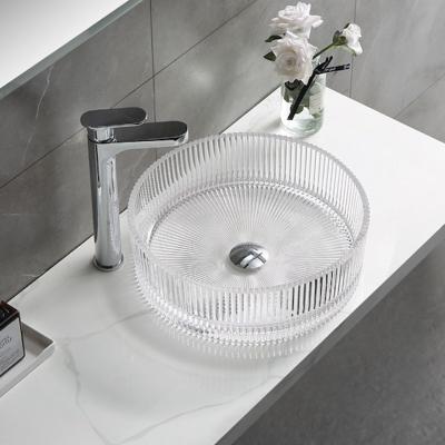 China Modern Crystal Clear Glass Wash Basin Vertical Stripes Diecasting Bathroom Basin Sinks for sale