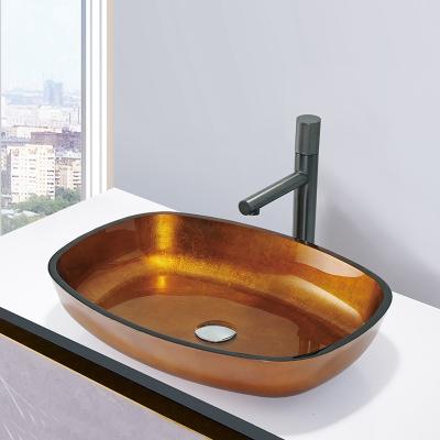 China Foil Gold Tempered Glass Wash Basins Glass Bowl Melon Shape Bathroom Vessel Sinks for sale