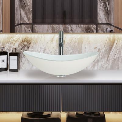 China Boat Shaped Tempered Glass Sink High Glossy White Wash Basin Scratch Resistant for sale
