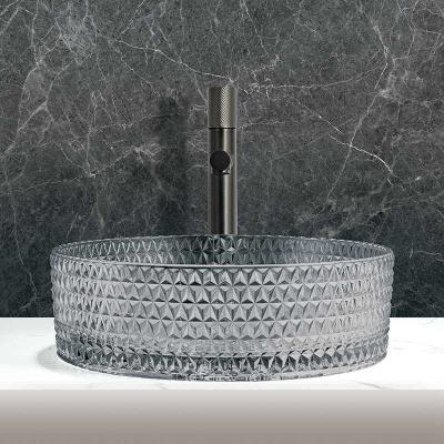 China Countertop Mounted Glass Wash Bowl Transparent Ligth Grey Color Bathroom Basin Sinks for sale