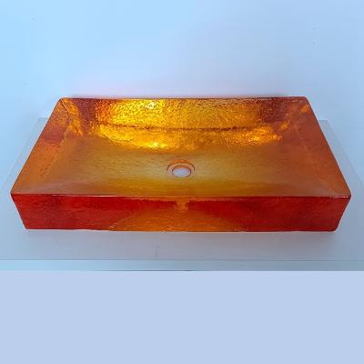 China Amber Color Glazed Glass Wash Basin Tap Hole Free Glass Vessel Sinks for sale